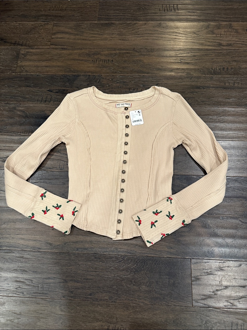 NWT We The Free Beige Ribbed Long Sleeve Henley - Holly Cuff Embroidery